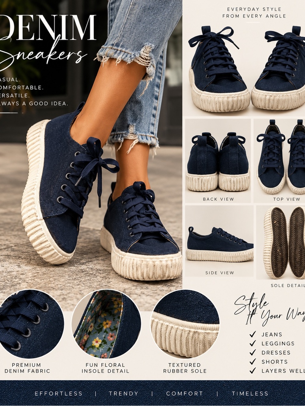 Denim Lace-Up Platform Sneakers - Navy